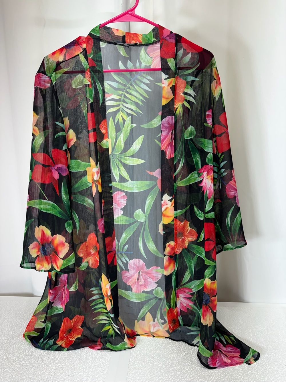 Slinky Brand Black Sheer Floral Kimono with Red, Pink & Green 3764